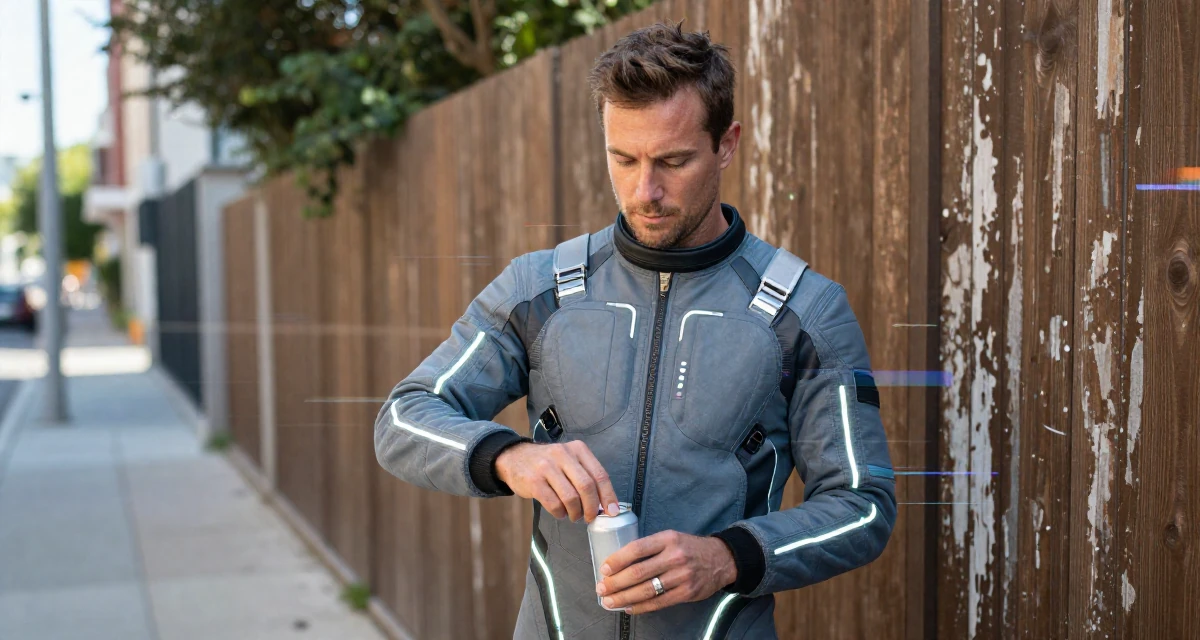 A reflective male Former swim instructor, now producing sun-soaked lifestyle content in their 38, focused on longevity and holistic wellness, wearing a futuristic space pilot plugsuit with glowing lines, opening a soda can in a urban street.