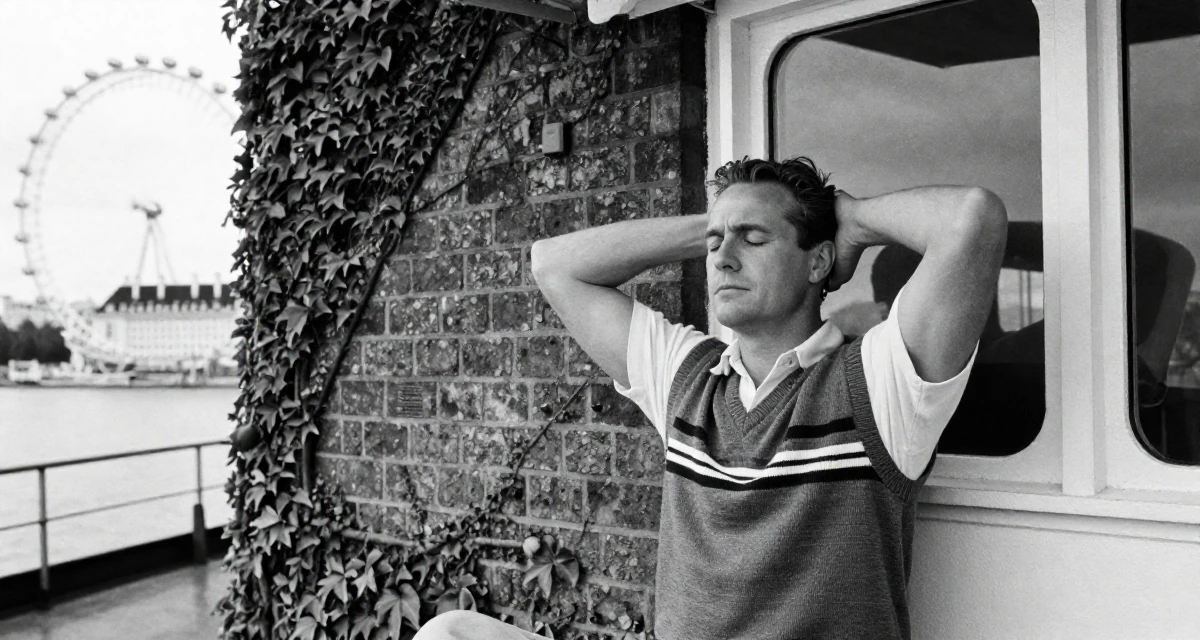 A soulful male From Brisbane Australia, majored in physiotherapy in their 39, sharing meditation and stress-relief techniques, wearing a preppy sweater vest combo, looking out the window in a ferry deck.