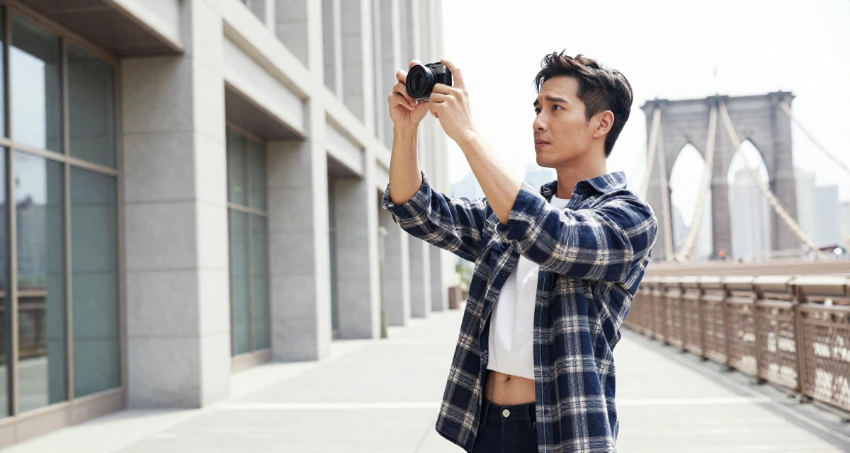 A engrossed male From Thailand, majored in entertainment business in their 30, feeling established and financially stable, wearing a oversized flannel shirt unbuttoned over a crop top, taking a photo in a city sidewalk.
