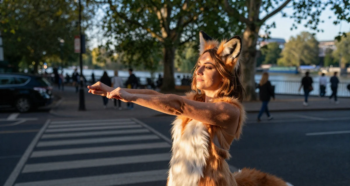 A gentle Female Former florist assistant, now making soft, romantic aesthetic content in their 53, dealing with declining energy levels, wearing a fox spirit (kitsune) outfit with fluffy ears and tails, stretching arms after waking in a busy crosswalk.