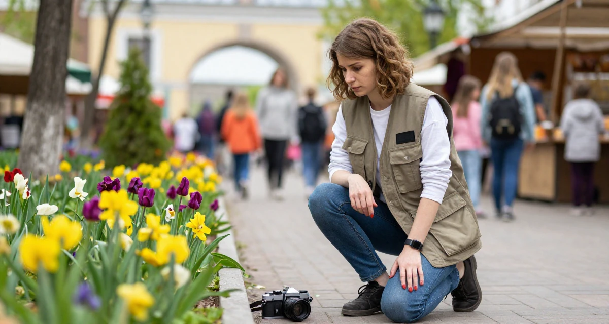A enigmatic Female From Ukraine, studied software engineering in their 37, creating educational content for children, wearing a urban explorer utility vest look, pausing mid-step in a bustling market.