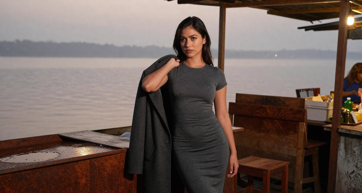 A resolute Female From Philippines, studied nursing before switching careers in their 24, exploring opportunities for self-expression, wearing a sheath dress in charcoal grey that hugs the curves, unbuttoning a coat in a night market stall.