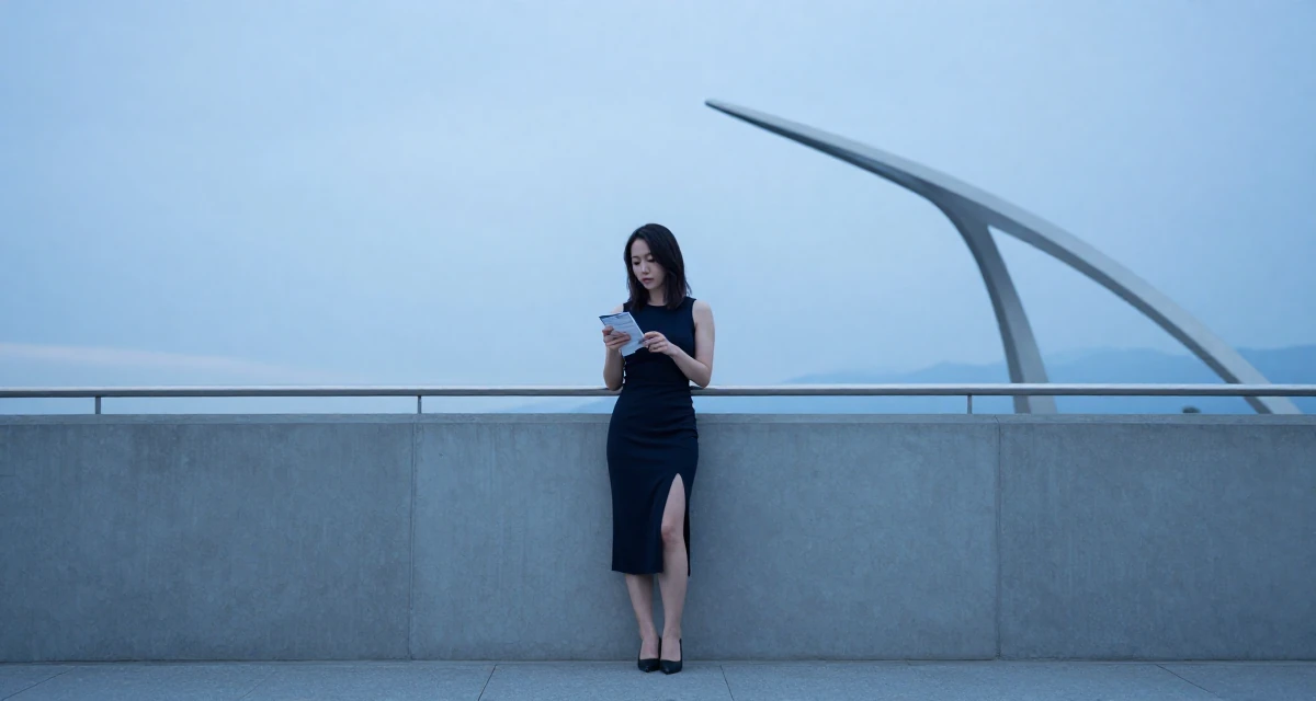 A zen-like Female From Vancouver Canada, trained in natural light portraiture in their 28, feeling behind while peers climb stable career ladders, wearing a elegant midi skirt with a high slit and heels, examining a product in a bridge walkway.