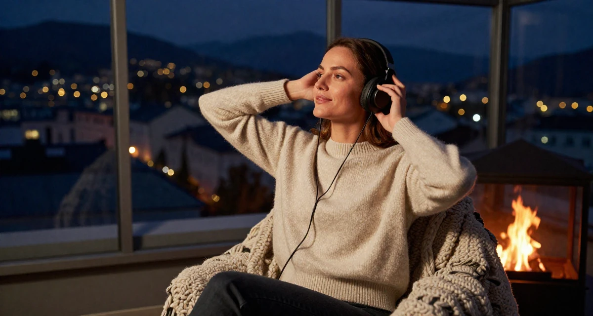 A unbothered Female From Salzburg Austria, practiced soft-aesthetic lifestyle content in their 41, tech executive pivot to digital content creation, wearing a soft cashmere sweater look, listening to music with headphones in a greenhouse interior.