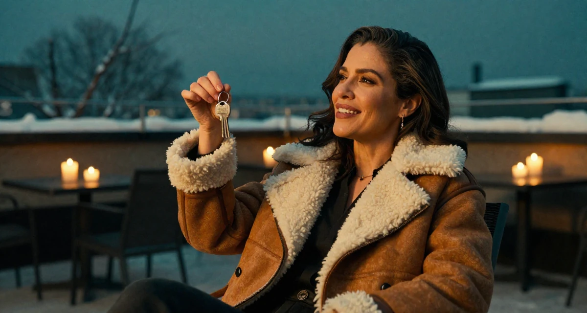 A cheerful Female From Venezuela, majored in public administration in their 25, defining a mature, seductive but classy persona, wearing a warm shearling jacket, holding a set of keys in a rooftop terrace.