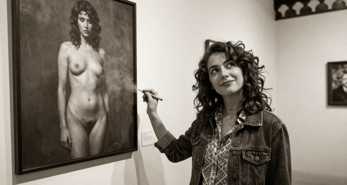 A amused Female From Florence Italy, practiced artistic nude composition in their 22, becoming more aware of personal boundaries with fans, wearing a retro 90s casual vibe, holding a pen in a art gallery hall.