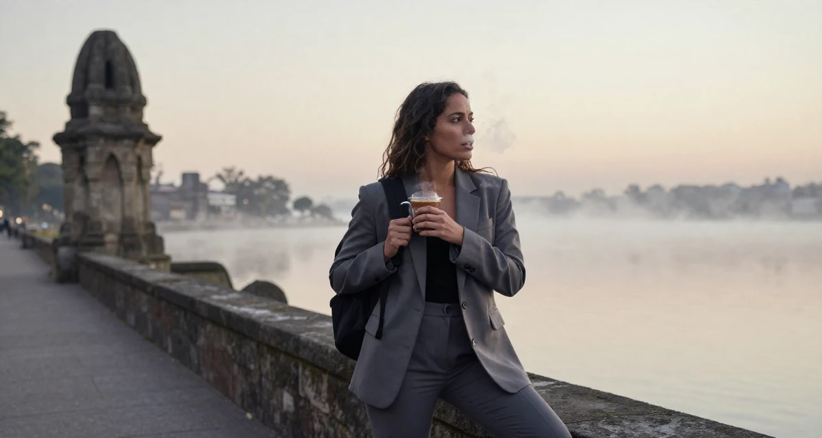 A fearless Female From Colombia, has a background in performing arts in their 22, balancing ambition with realistic expectations, wearing a smart casual blazer ensemble, adjusting a backpack strap in a city sidewalk.