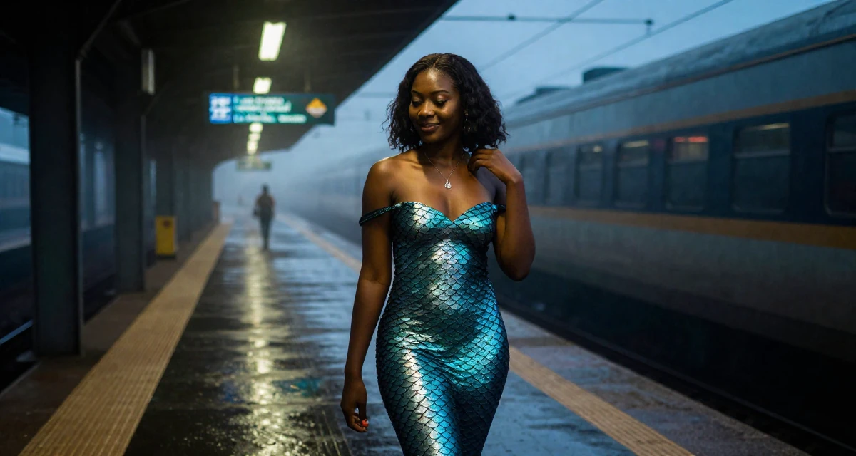 A smiling gently Female From Ivory Coast, studied music production in their 25, managing early financial independence, wearing a mermaid scale texture bodysuit with fin details, touching a necklace in a train platform.