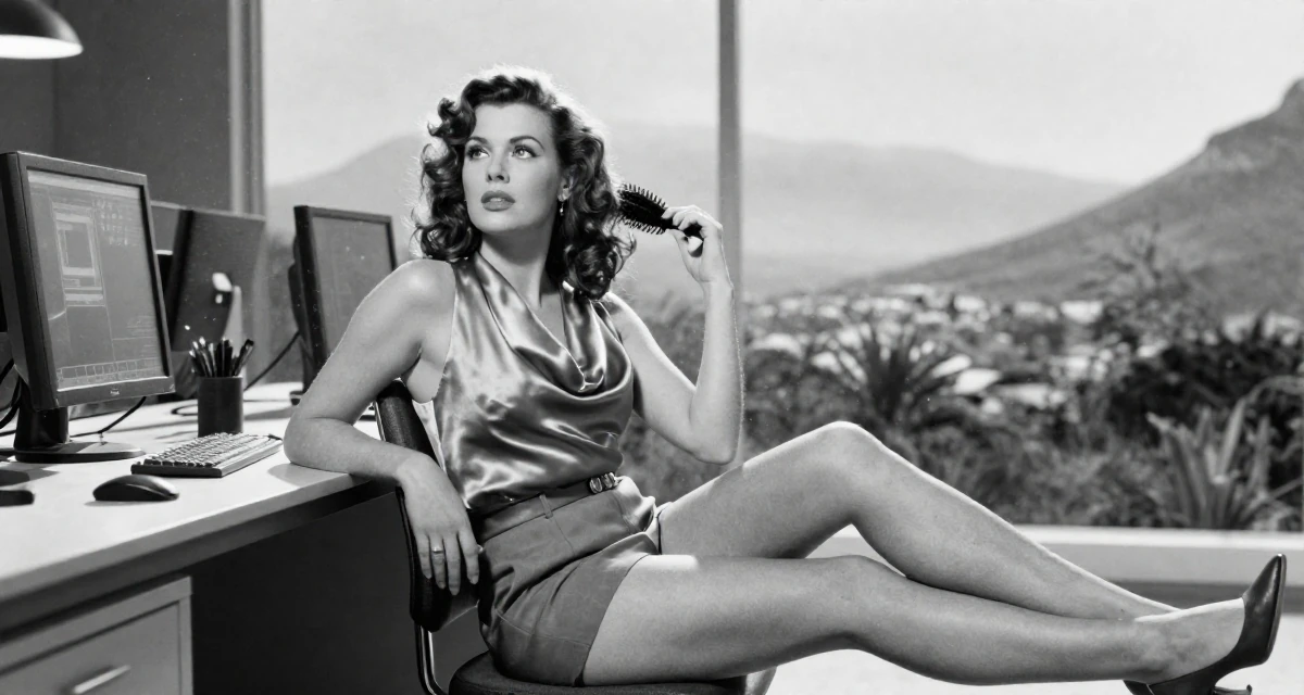 A observant Female From South Africa, based in Cape Town, graduated from a fashion university majoring in body-positive styling in their 47, navigating the challenges of the sandwich generation, wearing a satin cowl neck top and tailored shorts, brushing hair back in a cybernetic computer lab.