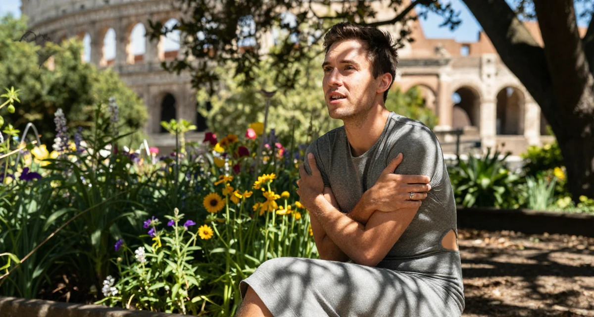 A inspired male From Wellington New Zealand, majored in sociology in their 39, sharing stories of resilience and growth, wearing a fitted midi dress with a cutout at the waist, playing with a ring on a finger in a blooming flower garden.