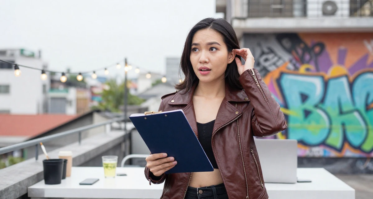 A inspired Female From Hanoi Vietnam, holds a degree in economics in their 36, rebuilding after a breakup, wearing a vintage-inspired leather jacket look, tucking hair behind an ear in a rooftop terrace.