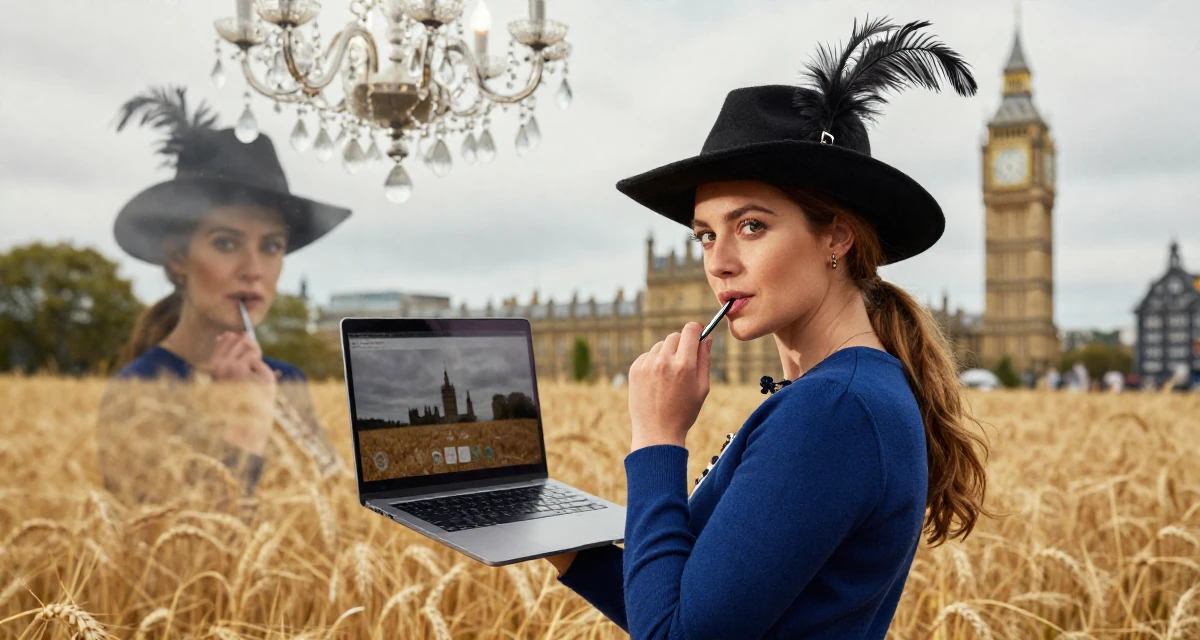A harmonious Female From England, studied film and television in their 22, experimenting with online creative platforms, wearing a royal musketeer tunic with a feathered hat, chewing on a pen thoughtlessly in a golden wheat field.