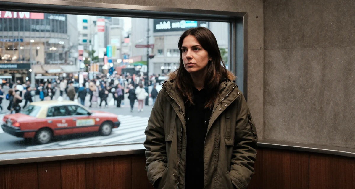 A cool and collected Female From Italy, majored in law in their 25, learning to deal with unsolicited feedback online, wearing a stylish parka jacket, waiting for a taxi in a recording booth.