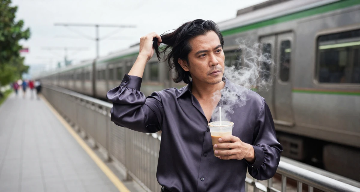 A assured male From the Philippines, majored in creative writing in their 53, dealing with declining energy levels, wearing a silk blouse with oversized cuffs, twirling a lock of hair in a bridge walkway.