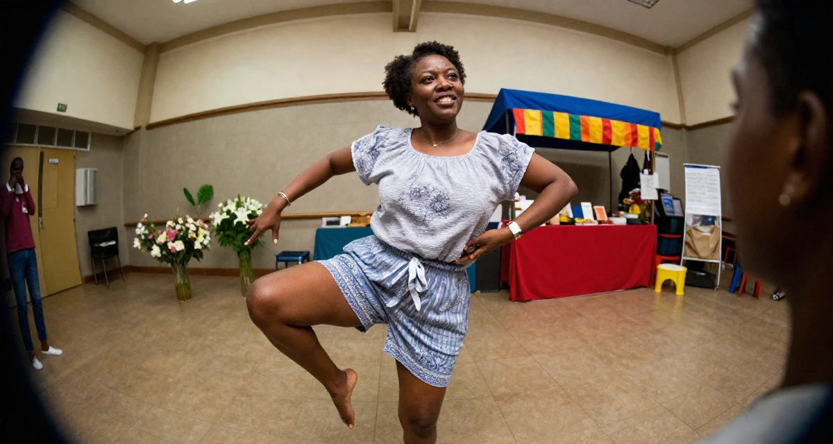 A refreshed Female From Nairobi Kenya, trained in expressive dance and confident movement in their 50, established authority in a niche industry, wearing a breezy summer vacation outfit, smiling at a stranger in a lecture hall.
