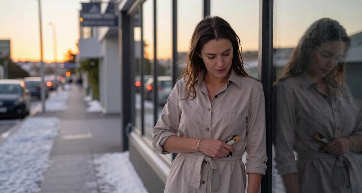 A content Female From Auckland New Zealand, explored intimate photography as personal therapy in their 32, focusing on health and longevity habits, wearing a belted shirt dress with rolled sleeves, looking for something in a pocket in a snowy sidewalk.