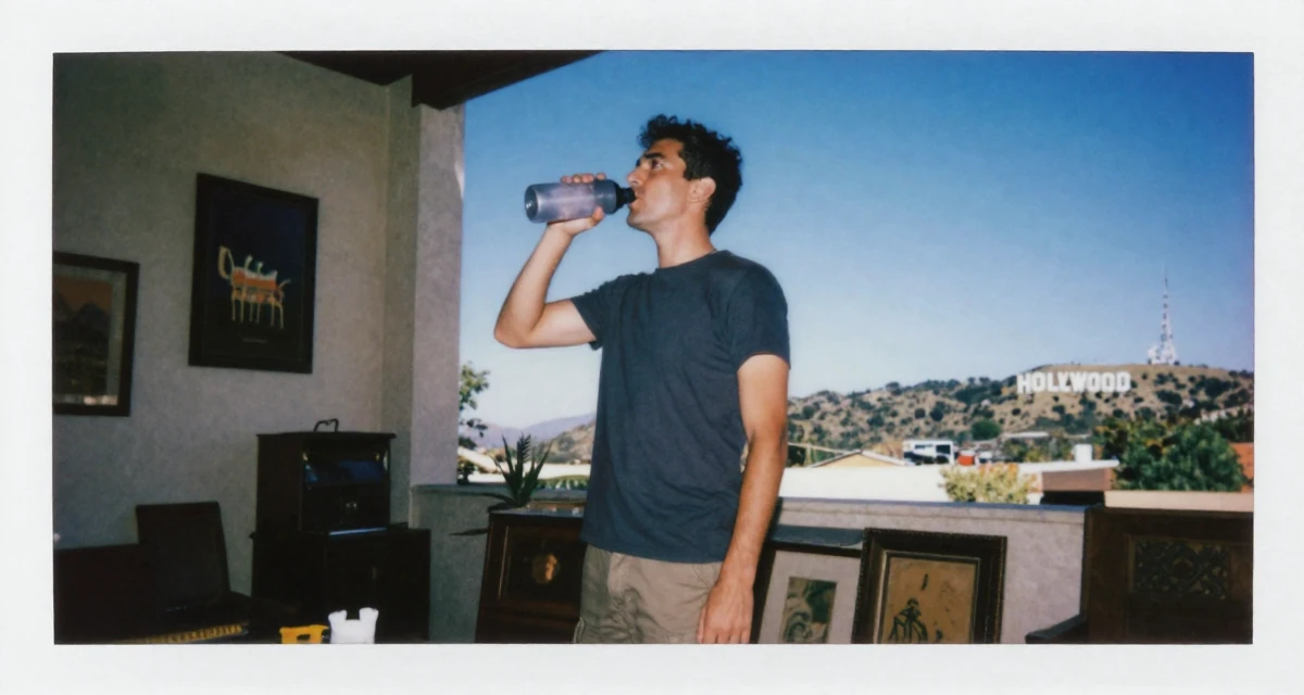 A alert and attentive male Grew up in Spain, studied international business in their 49, expert in antique restoration and design, wearing a simple t-shirt and cargo pants, drinking from a water bottle in a sunlit living room.