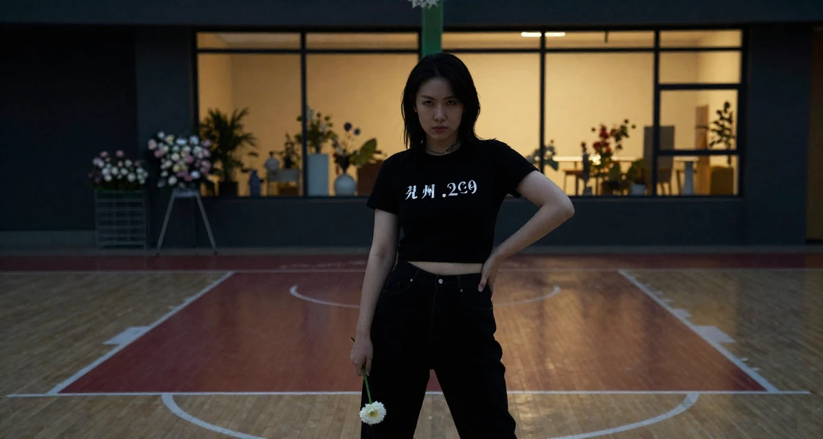 A rebellious Female From Suzhou China, holds a degree in architecture in their 29, preparing for the transition into the 30s, wearing a modern casual lifestyle wear, holding a flower in a basketball court.