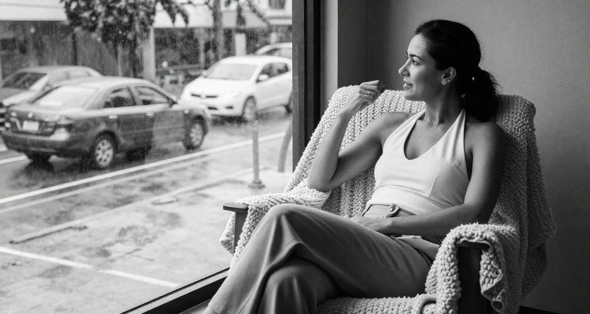 A carefree Female From Panama, majored in media production in their 32, newly married and adjusting to shared finances, wearing a halter neck top and wide-leg office trousers, watching traffic pass by in a tennis court.