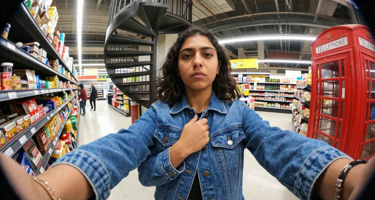 A unbothered Female Grew up in Nepal, majored in marketing analytics in their 24, observing peers’ progress and feeling comparison pressure, wearing a fashionable denim on denim, gripping a lapel in a supermarket aisle.