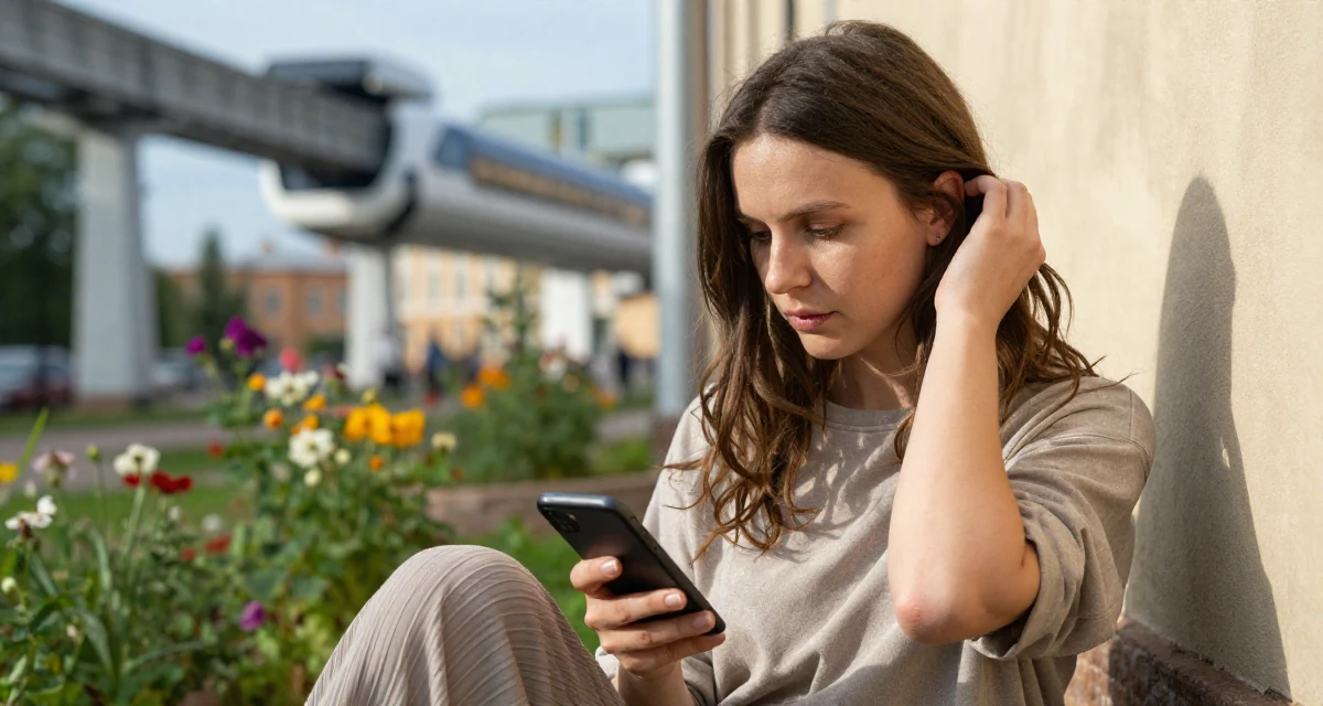 A relaxed and observant Female From Saint Petersburg Russia, studied fine arts in their 36, building a community for working moms, wearing a relaxed fit pleated trousers, checking a notification on a phone in a blooming flower garden.