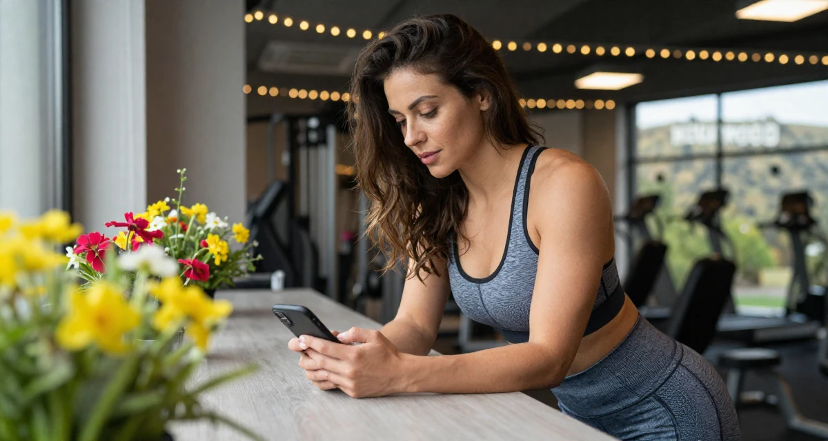 A confident and poised Female From Thessaloniki Greece, majored in international economics in their 37, trying to stabilize income, wearing a form-fitting athletic set with a sports bra and leggings, checking a phone in a gym interior.
