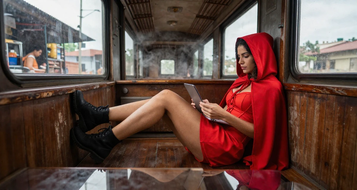 A zen-like Female From Brazil, studied software engineering in their 23, saving aggressively for a dream travel trip, wearing a red riding hood inspired cape and corset dress, scrolling casually in a train carriage.