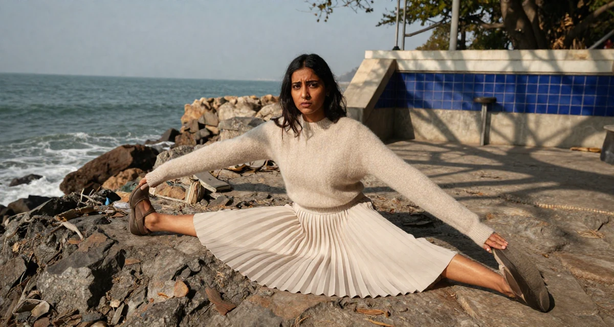 A worried Female From India, majored in fashion technology in their 30, redefining what success means personally, wearing a soft cashmere sweater and a pleated midi skirt, pulling a sweater sleeves over hands in a rocky ocean cliff.