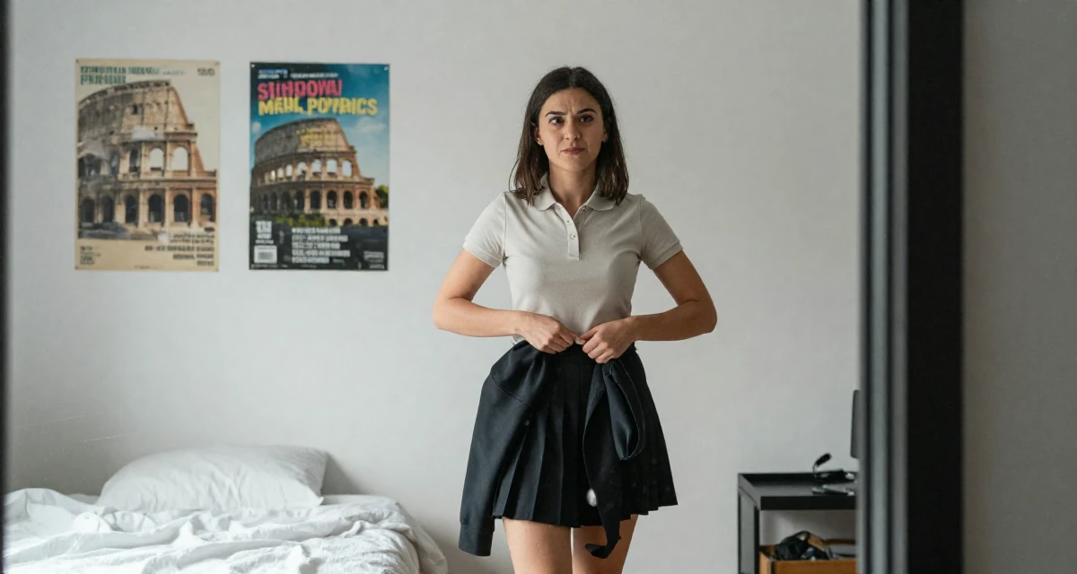 A cheeky Female From Israel, studied behavioral economics in their 33, creating content about healthy meal prepping, wearing a short pleated skirt and a tight polo shirt, buttoning a jacket in a minimalist bedroom.