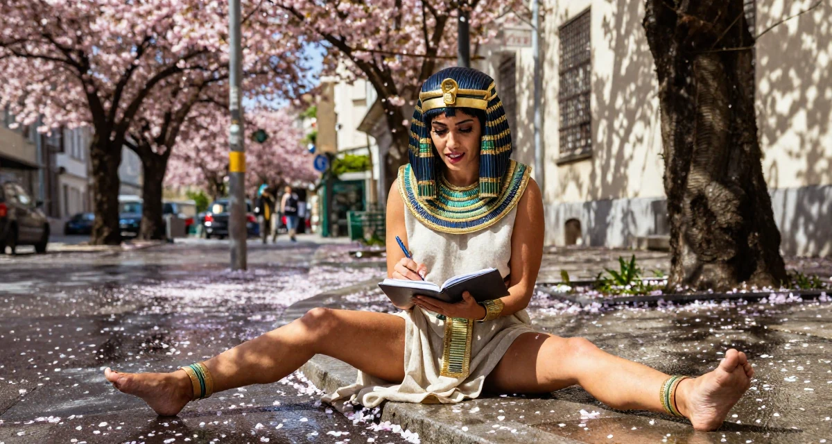 A charming Female From Vienna Austria, studied stage performance and sensual movement in their 23, changing career paths with terrifying courage, wearing a egyptian queen costume with gold collar and linen, writing in a notebook in a rainy street corner.