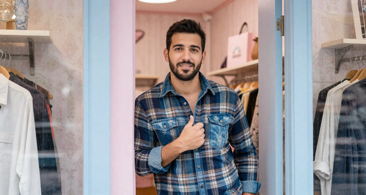 A warmhearted male Born in Cyprus, studied tourism development in their 22, balancing ambition with realistic expectations, wearing a rugged flannel shirt and denim, gripping a lapel in a clothing boutique.