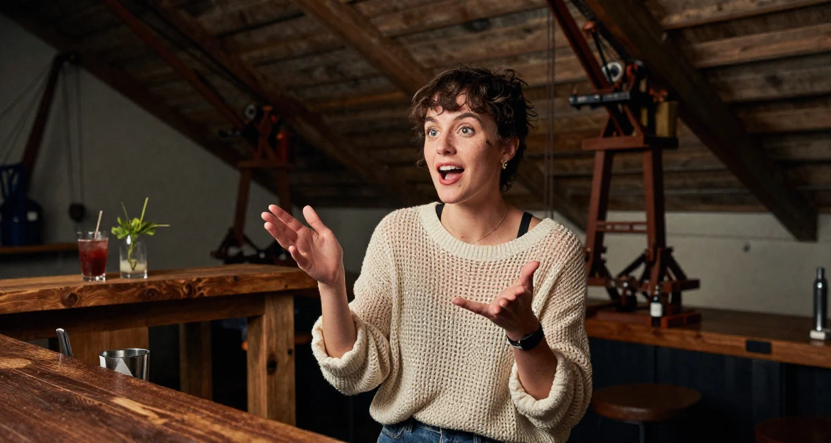 A playful and energetic Female Once a hotel bartender, now creating nightlife-themed fan content in their 23, handling occasional negative comments professionally, wearing a loose open-knit sweater showing skin underneath, gesturing while talking in a attic room.