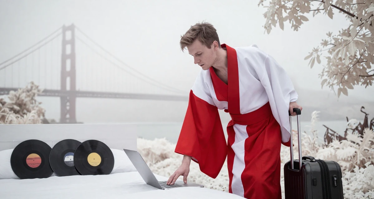 A soulful male From Moscow Russia, trained in rhythmic gymnastics and body control in their 25, planning next steps in personal development, wearing a traditional Japanese miko priestess robe in red and white, pulling a suitcase in a minimalist bedroom.