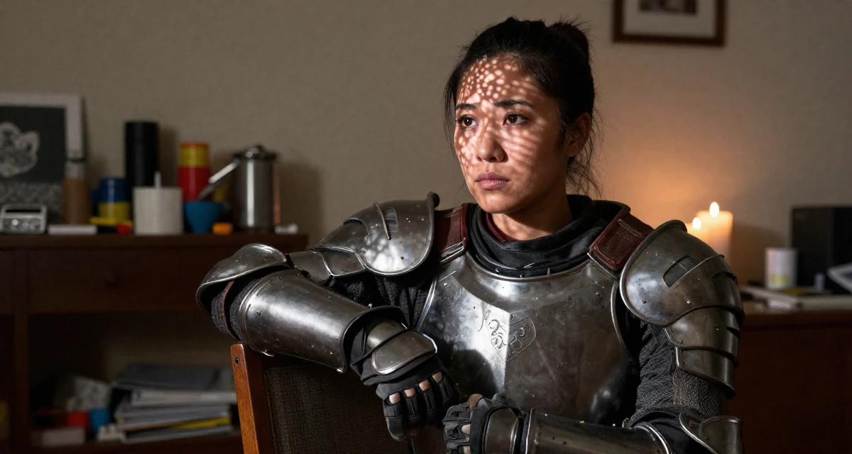 A composed Female From United States, studied health science in their 23, wondering if this hustle is worth the stress, wearing a battle-damaged armor showing skin underneath, putting on a glove in a home interior.