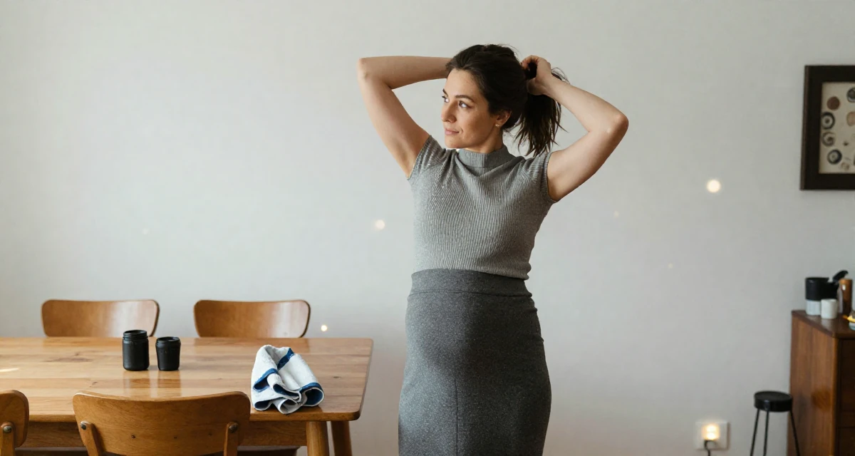 A carefree Female From Toronto Canada, studied criminology in their 31, navigating the balance between career and new motherhood, wearing a ribbed mock neck top and a long wool skirt, holding a gym towel in a dining room.