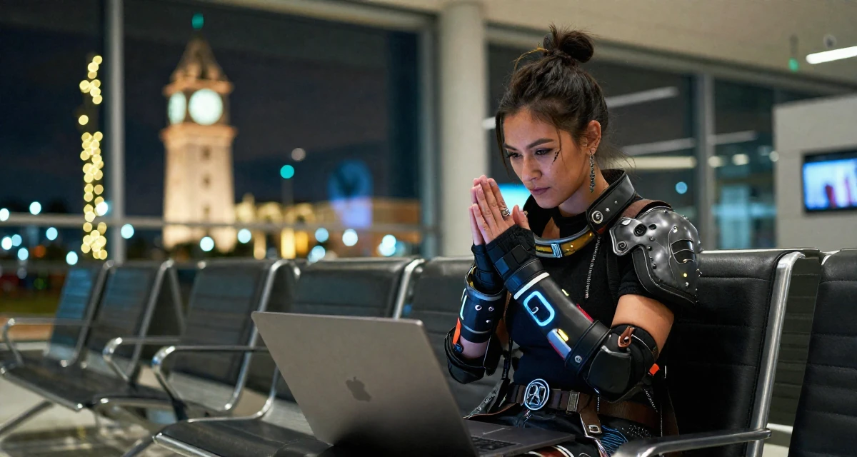 A rebellious Female From Panama, majored in media production in their 36, building a community for working moms, wearing a cyberpunk street samurai gear with neon accents, rubbing hands together for warmth in a airport departure lounge.