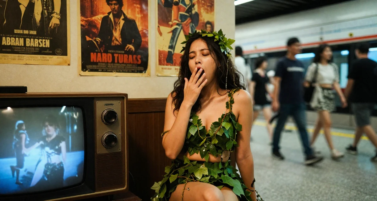 A sensual Female From Bangkok Thailand, learned nightclub choreography and costume design in their 32, sharing budget-friendly interior design tips, wearing a forest dryad costume made of leaves and vines, yawning discreetly in a tv set.