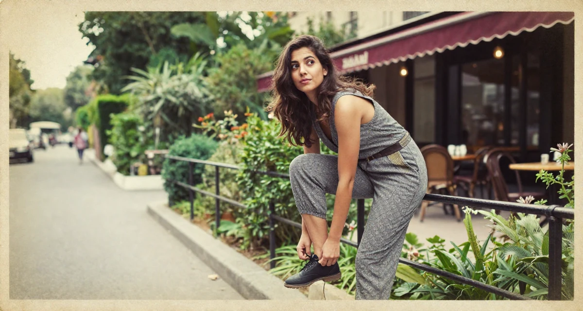 A whimsical Female Grew up in Nepal, majored in marketing analytics in their 24, exploring side hustles to supplement income, wearing a chic jumpsuit styling, tying a shoelace in a country road.