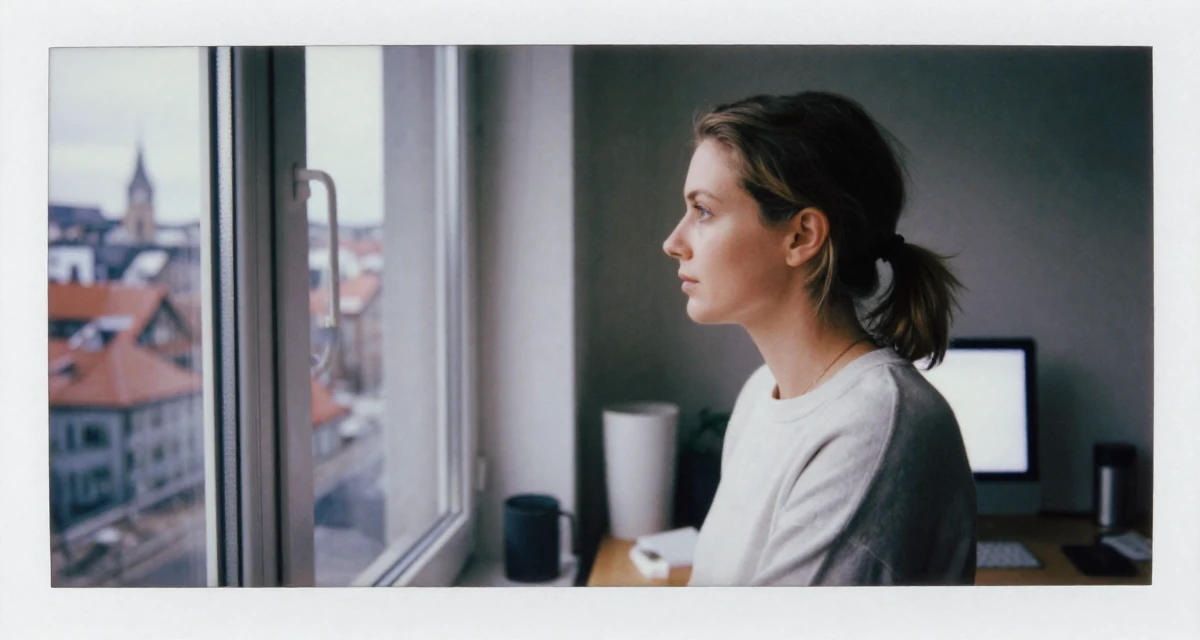 A sophisticated Female From Bergen Norway, focused on natural-light photography in outdoor settings in their 27, just moved into a small apartment alone, wearing a minimalist Scandinavian style, looking at a reflection in a window in a home interior.
