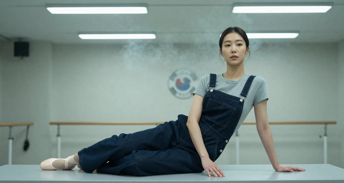 A proud and dignified Female From Seoul South Korea, studied international relations in their 23, decoding the unwritten rules of corporate life, wearing a relaxed dungarees or overalls, resting hands on a table in a ballet studio.