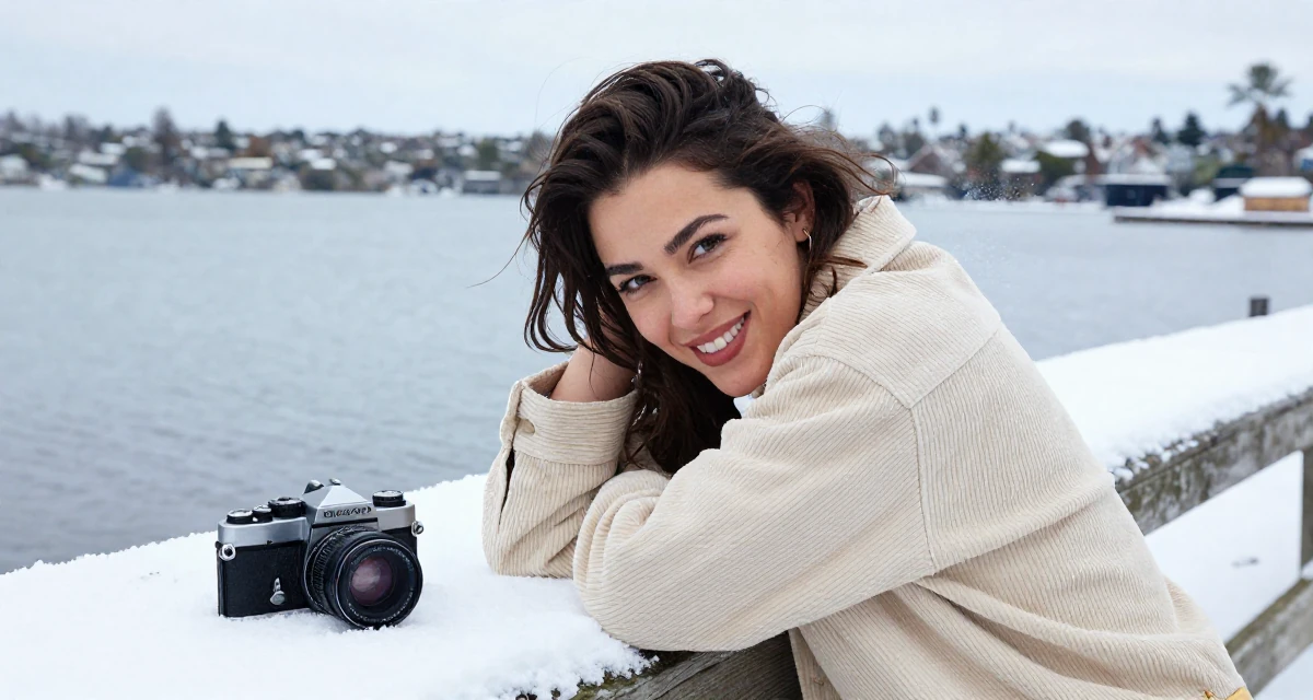 A victorious Female From Australia, based in Gold Coast, graduated from a media academy majoring in sensual creative direction in their 27, accepting that success requires endless reinvention, wearing a soft texture corduroy jacket, dusting off the shoulder in a lakeside dock.