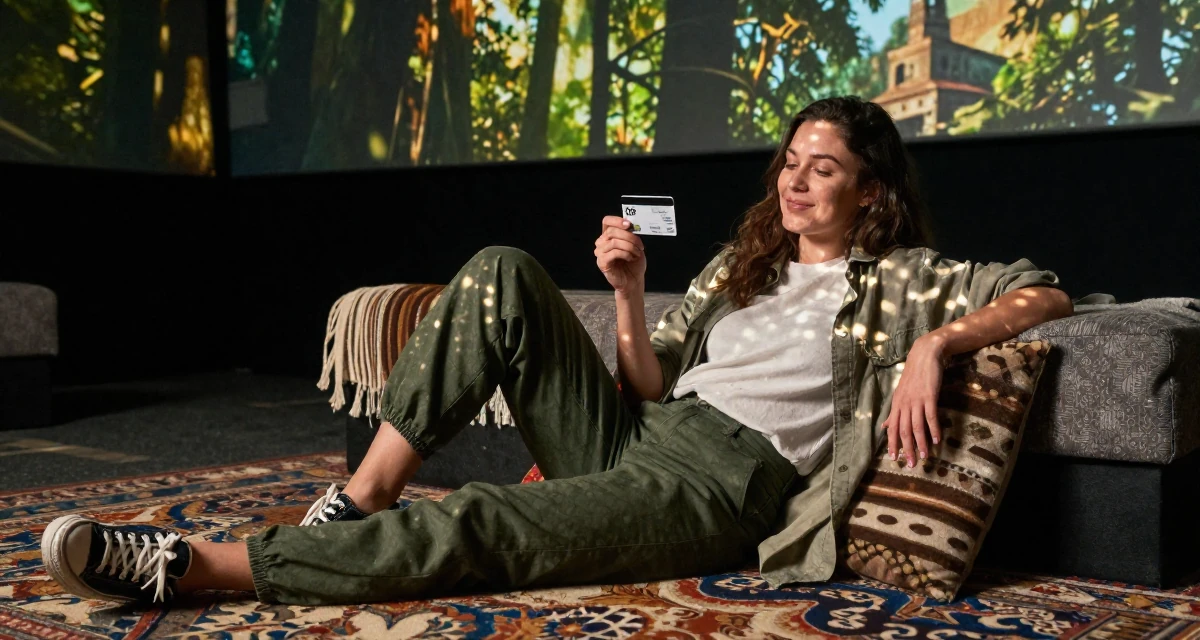 A satisfied Female Previously a stay-at-home mom, now monetizing relatable lifestyle content in their 32, sharing budget-friendly interior design tips, wearing a relaxed streetwear, holding a subway card in a cinema lobby.
