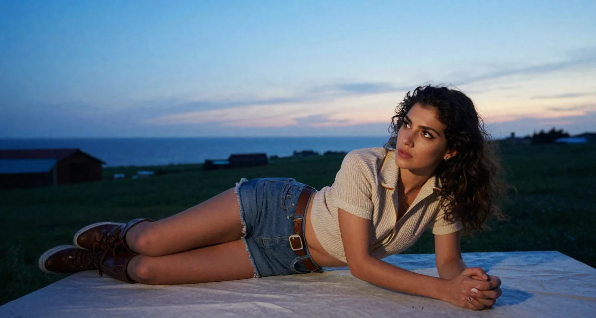 A enigmatic Female From Arabic-speaking world, studied interior architecture in their 24, understanding personal limits and staying safe, wearing a retro 90s casual vibe, resting hands on a table in a farm field.