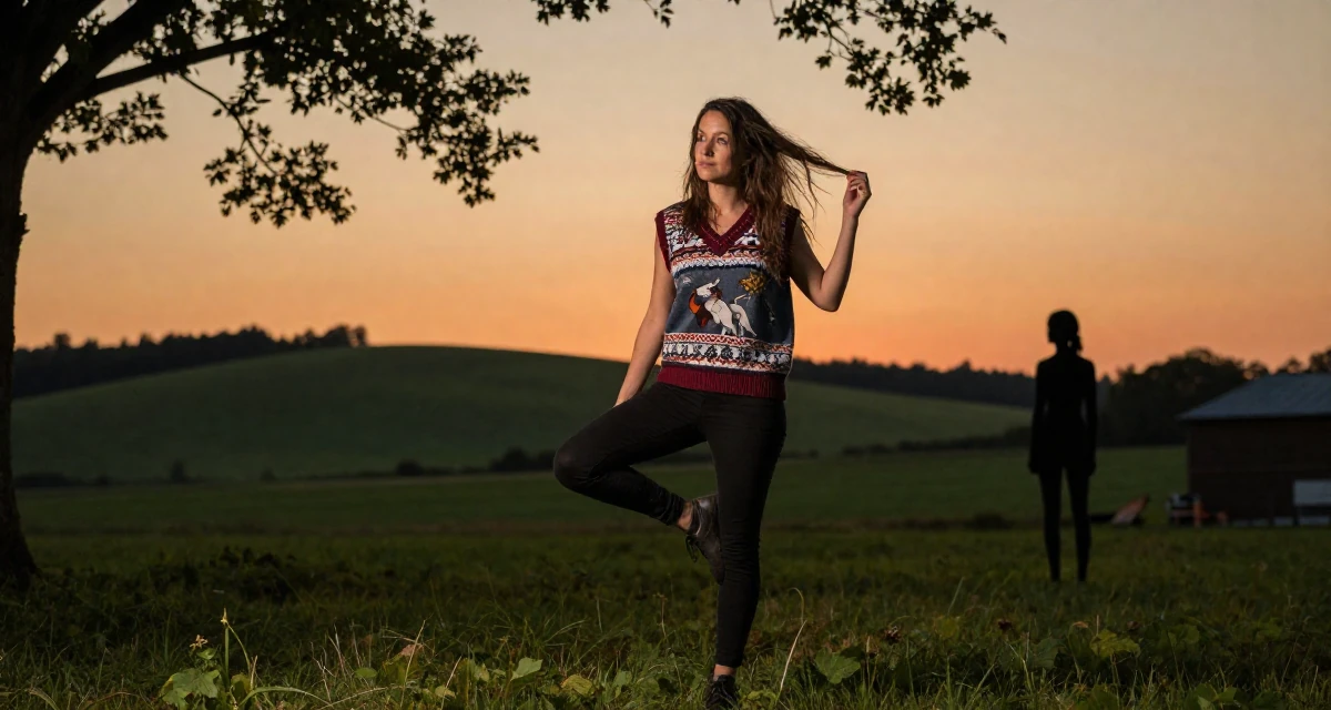 A pensive Female From Montreal Canada, studied erotic art history and creative expression in their 34, exploring the world of digital art and NFTs, wearing a preppy sweater vest combo, twirling a lock of hair in a farm field.