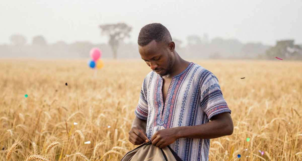 A captivating male From Uganda, majored in telecommunication engineering in their 33, teaching coding and tech skills online, wearing a relaxed bohemian style dress, zipping up a bag in a golden wheat field.