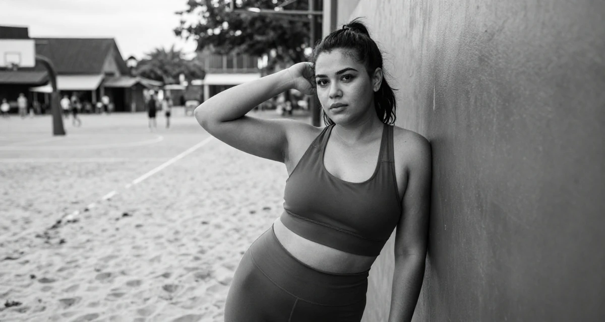 A self-assured Female From Jakarta Indonesia, developed body-positive messaging through community work in their 29, carrying invisible pressure to stay relevant, wearing a form-fitting athletic set with a sports bra and leggings, tucking hair behind an ear in a basketball court.