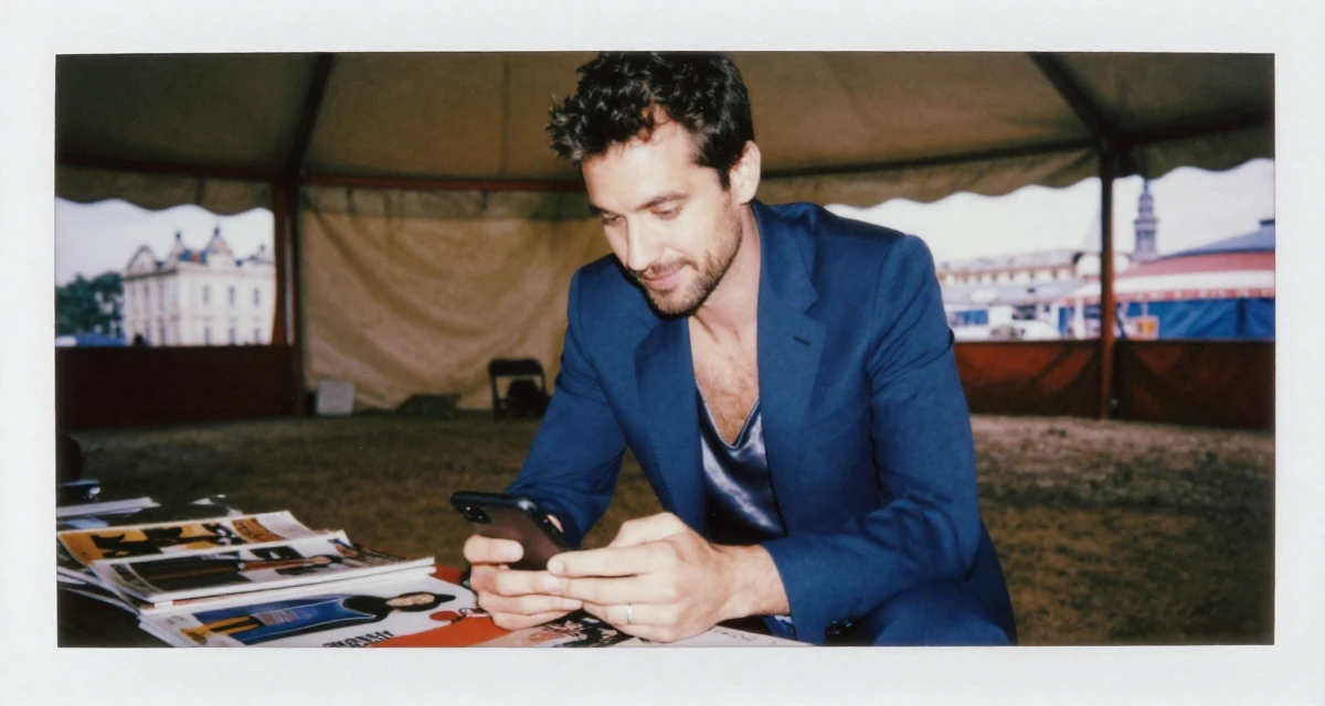 A charismatic male From Hungary, based in Debrecen, graduated from a fashion program majoring in bold thematic styling in their 40, managing a family business with dedication, wearing a crisp navy blue blazer over a silk camisole and trousers, scrolling casually in a circus tent interior.