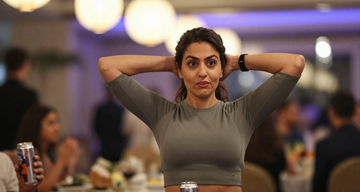 A playful Female Born in Iran, majored in multimedia communication in their 41, focusing on financial independence and investing, wearing a fitted athletic wear, holding a beverage can in a banquet hall.
