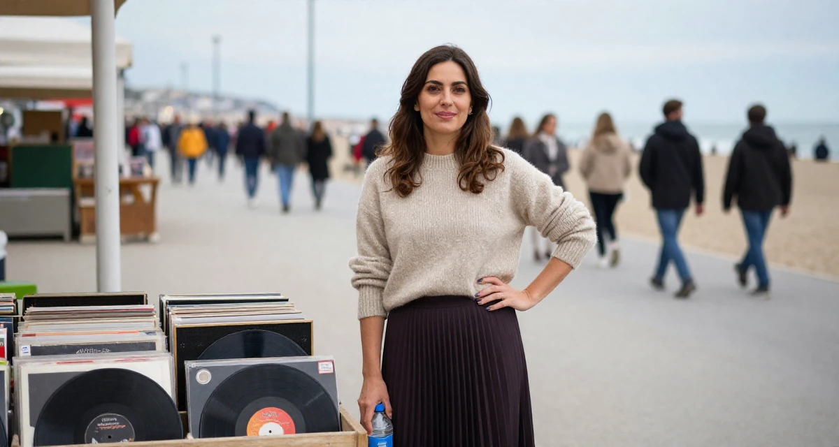 A optimistic Female From Italy, based in Milan, graduated from a design school majoring in sensual visual communication in their 47, solo traveler exploring the world in luxury, wearing a soft cashmere sweater and a pleated midi skirt, holding a water bottle in a beach promenade.