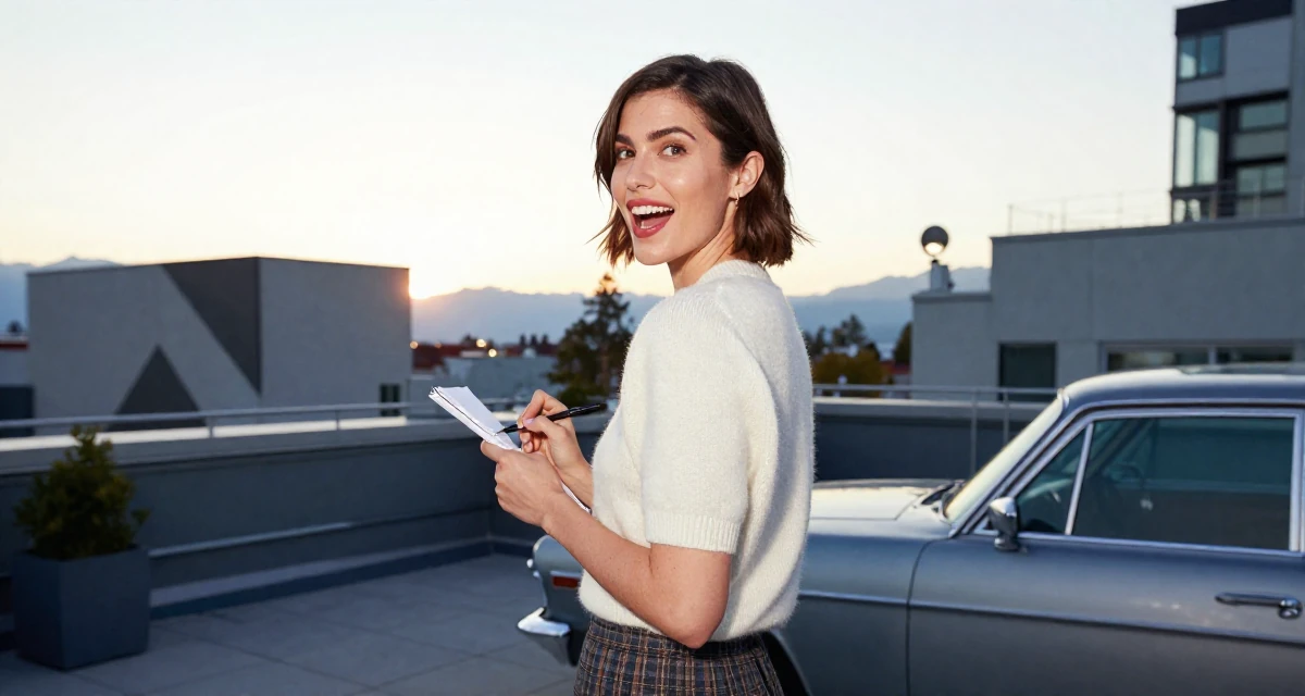 A vibrant and alive Female From Vancouver Canada, majored in fine arts in their 44, minimalist living with a focus on quality, wearing a short sleeve cashmere sweater and a skirt, holding a pen poised to write in a rooftop terrace at sunset.